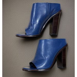 TIBI Leona 4" High Heel Mules Blue Stacked Heels Sz 37.5